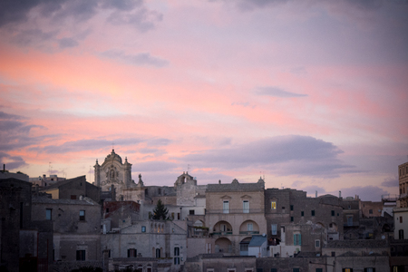 view of the matera town landscape at sunsetの写真素材
