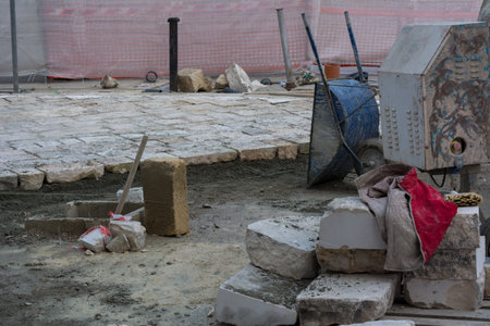 Road Floor Construction During The Remodeling Of The Roads Floor In The City Of Matera In Italyのeditorial素材