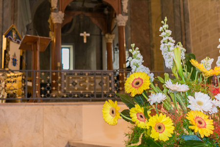 Horizontal View of Close Up of Yellow Flower Composition on Blur Background. Basilica of Saint Cataldoの写真素材