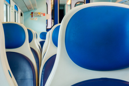 Horizontal View of the Sitting Places of the Interior of a Train Wagon. Taranto, South of Italyの写真素材