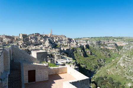 Horizontal View of the Sassi of Matera on Blue Sky Background