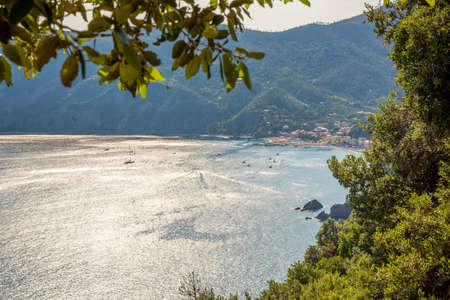 Horizontal View of the Town of Monterosso from the Path in the Forest connecting Vernazza to Monterosso. Italy, National Park of the Cinque Terreの写真素材