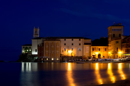 Romantic Time at The Bay of Sestri Levante at the Blue Hour in Summer With Boats Mooredのeditorial素材