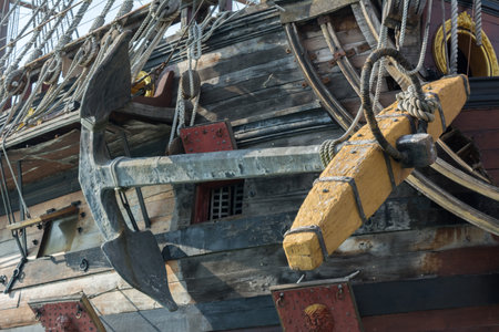Close Up of the Anchor of an Ancient Pirate Galeon on Blur Backgroundのeditorial素材