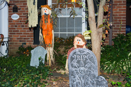 Halloween Decorations in a Garden during Halloween Celebration at Night in Georgetown. Wahington, Virginiaの写真素材