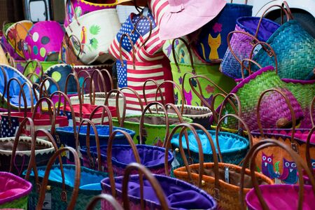 Close Up of Colored Cotton Bags on Blur Backgroundの写真素材
