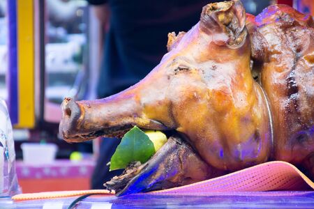 Close Up of Italian Traditional Food Called Porchetta Arrosto on Blur Background