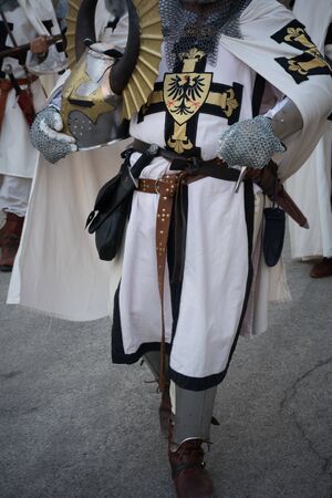 Close Up of Medieval Traditional Dress of Medieval Knight on Blur Backgroundの写真素材