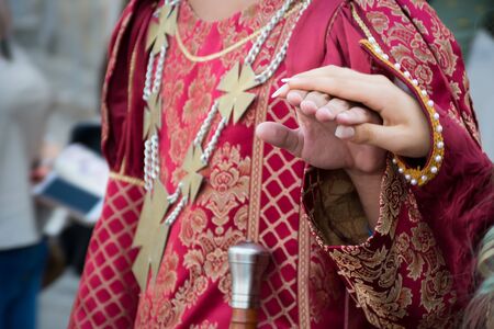 Close Up of Man and Woman Dressed with Medieval Traditional Clothes that Parade at Medieval Village...