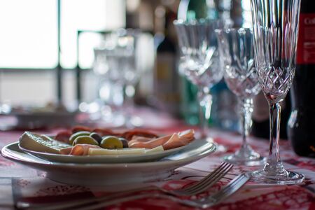 Close up of Dish with Italian Appetizer for the Christmas Lunch on Blurred Backgroundの写真素材
