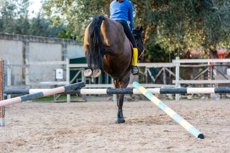 Bak side of Girl riding brown horse that jumps an obstacle with guides. Equestrian school training concept. horse that learns to jump properly an obstacleの写真素材