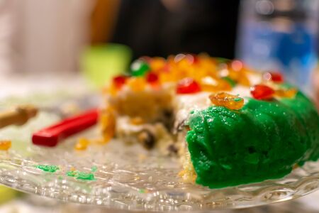 Close Up of a Pie covered by Almond Paste and full of ricotta cheese during birthday party on Blurred Backgroundの写真素材