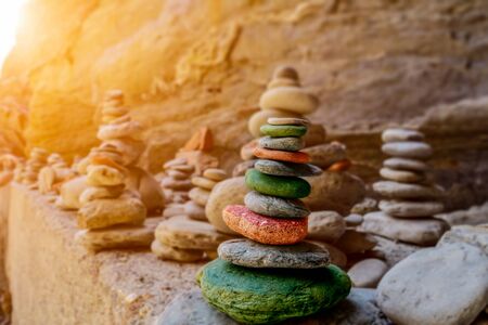 Coloumn of Rounded Stones in the town of Vernazza. Zen Concept. Italian National Park of the Cinque terreの写真素材