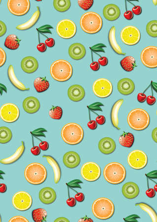 Seameless fresh Pattern with Fruit Cherries, Banana, Lemon Orange and Strawberry on Toned...