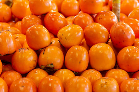 Close Up of Group of Persimmon Apples in Italian Market on Blurred Backgroundの写真素材