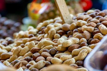 Close Up of a Group of Nuts at the Italian Market on Blurred Background