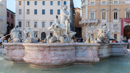 rome, Italy - 19 September 2022 - The Funtain of the Quatttro Mori in Navona Square in the Center of Rome, Italy, With Tourists, on Blurred Backgroundのeditorial素材