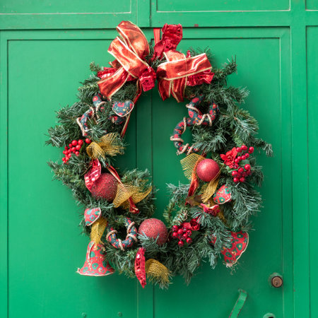 Christmas Decoration on a Beautiful Door in the Old Town of Martina Franca, Italy on Blurred Backgroundの写真素材