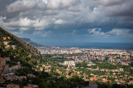 Panoramic View Of The Gulf Of Palermo, In The South Of Italy, Taken From The Cathedral Of Monreale On Partially Cloudy Sky Backgroundの写真素材