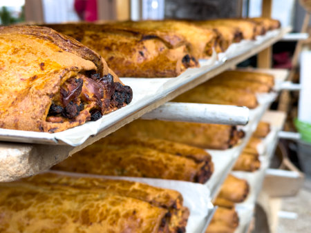 Traditional Bread Called Strudel Just Cooked, Made With Fruit, In The North Of Italy During Christmas Period On Blurred Backgroundの写真素材