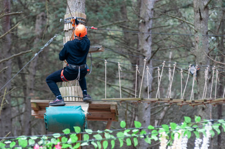 Man Performing Adventure Path In The Adventure Park In The Forest On Blurred Background