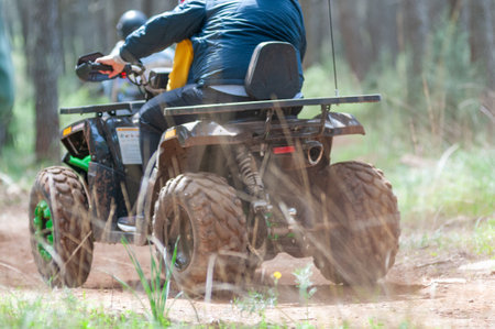 Children Riding Quad In The Forest On Holyday Period On Blurred Background