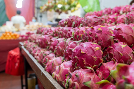 Close Up Of Dragon Fruits At The Market in Singapore On Blurred Backgroundの写真素材