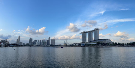 Panoramic Shot Of Marina Bay In Singapore On Blue Sky Backgroundの写真素材