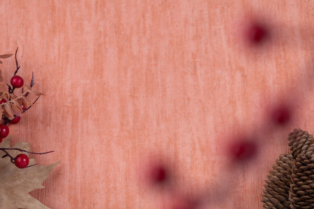 Autumn leaves, berries and pine cones on a wooden background.の写真素材