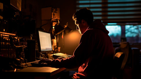 Silhouette of an engineer working on a computer in a dark roomの素材