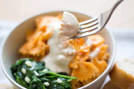Pasta with white cashew based sauce and red tomatoes sauce with sauteed spinachの写真素材