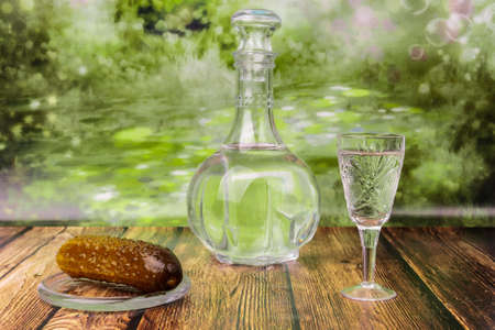 Still life with a decanter and a glass of vodka with picklesの写真素材