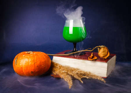 Still life with pumpkin, book, rose and Halloween drinksの写真素材