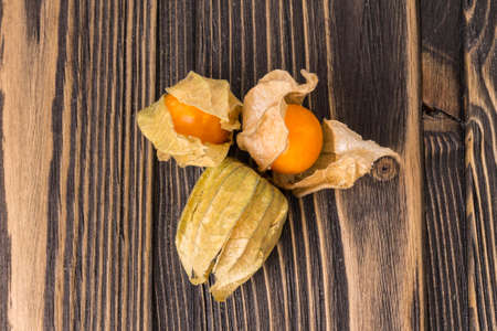 Two Cape gooseberry or Physalis minima Linn on wooden backgroundの写真素材