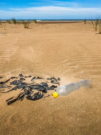 Trash on the beach near the seaの写真素材