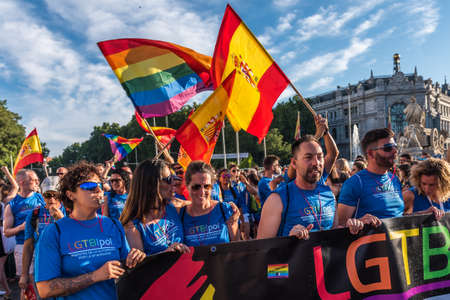 Madrid, Spain - July 06, 2019: in Madrid, Gay pride day celebrations. A group of people standing in front of a crowdのeditorial素材