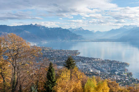 Panoramic view of Lake Geneva, Vevey and the Swiss Alps from Mont Pelerin. Travel and tourism concept.の写真素材