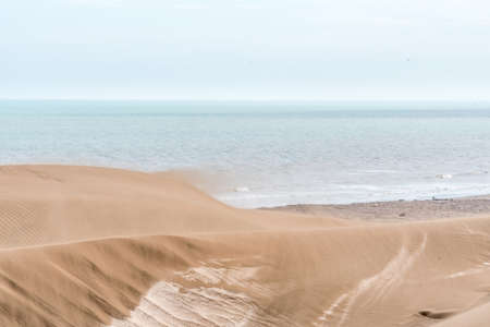 Sand blown from a large dune by the wind with the horizon in the sea behind it.