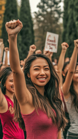 Smiling woman raising fist during Womenâs Day marchの素材