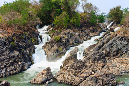 Li Phi Falls (Tat Somphamit) on Mekong River. Famous Landscape in Mekong River Delta, 4000 islands, Champasak - Laos.の写真素材