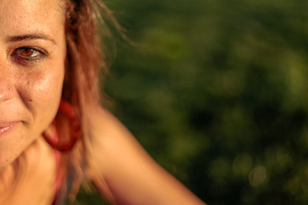 Close-up portrait of a red-haired girl with freckles on her face.の写真素材
