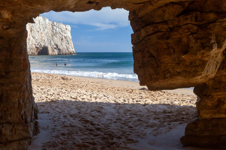 View from the cave on the beach of Atlantic ocean, Portugal.の写真素材
