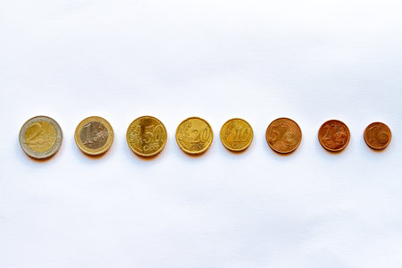 Euro coins money (EUR), currency of European Union over white backgroundの写真素材