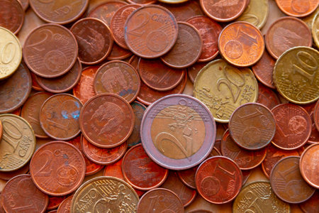 texture made of Euro coins money (EUR), currency of European Union, macro shot