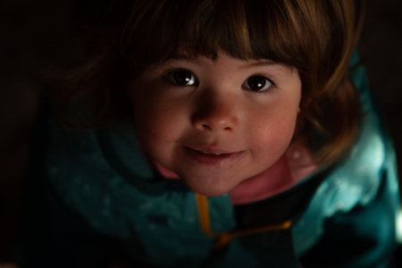 Portrait of a little girl in the dark.の写真素材