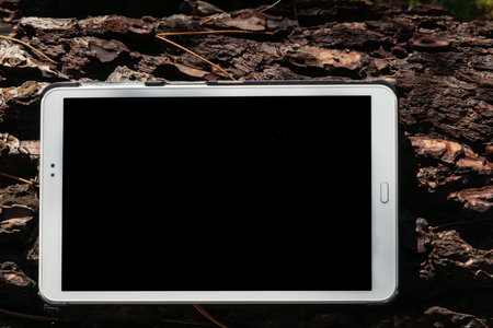 Tablet pc with blank black screen on a background of nature.の写真素材