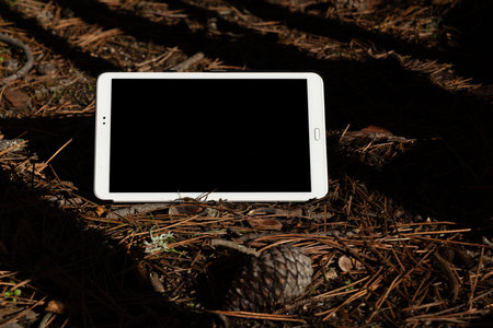 Modern tablet with blank screen placed on rustic wooden surface outdoors, representing digital technology, remote work, and modern lifestyle in rural settings.の写真素材