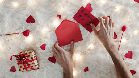 Close up of a Letter For Valentines Day on the white carpetの写真素材