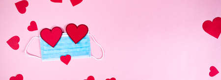 Covid background for valentines day with mask