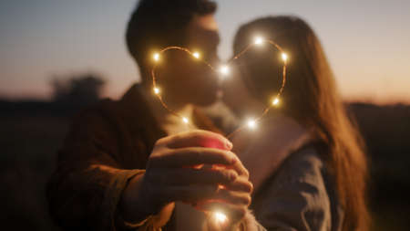 Couple Valentines day in the night with led strip lights